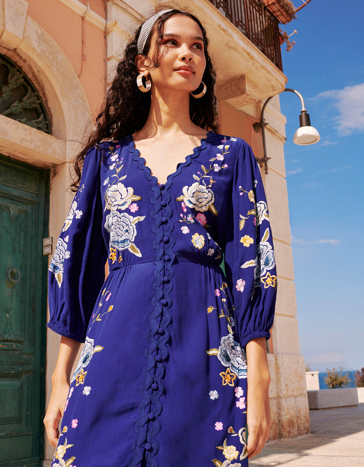 Olla Floral Embroidered Tea Dress in Sustainable Viscose Blue