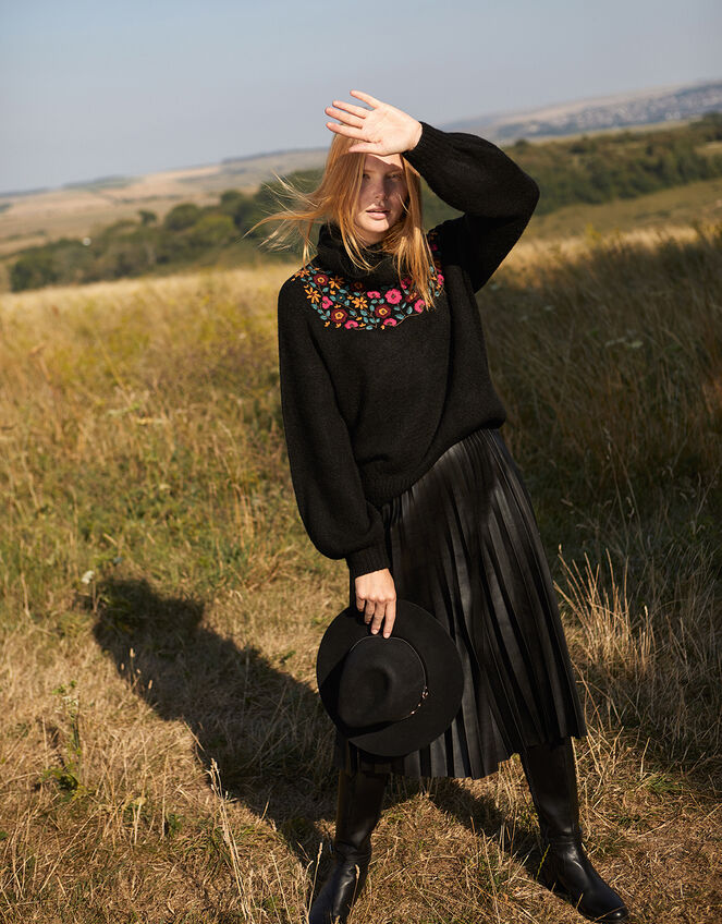 Floral Embroidered Yoke Knit Jumper, Black (BLACK), large