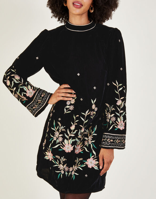 Nikki Velvet Embroidered Tunic Dress, Black (BLACK), large