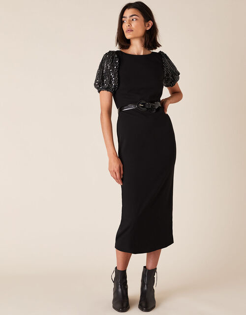 Brianna Sequin Sleeve Jersey Midi Dress, Black (BLACK), large