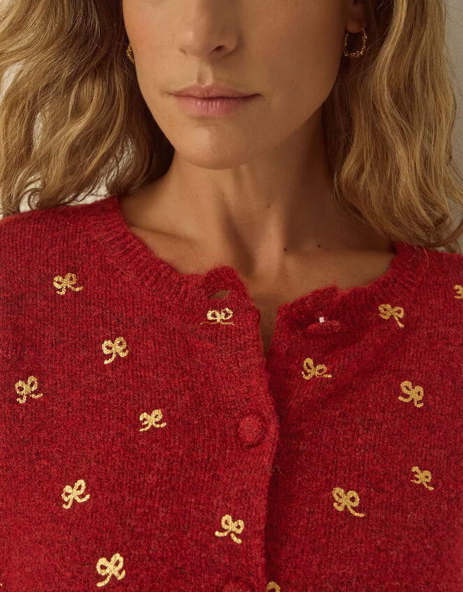 Fee Foil Bow Crew Neck Cardigan, Red (BURGUNDY), large