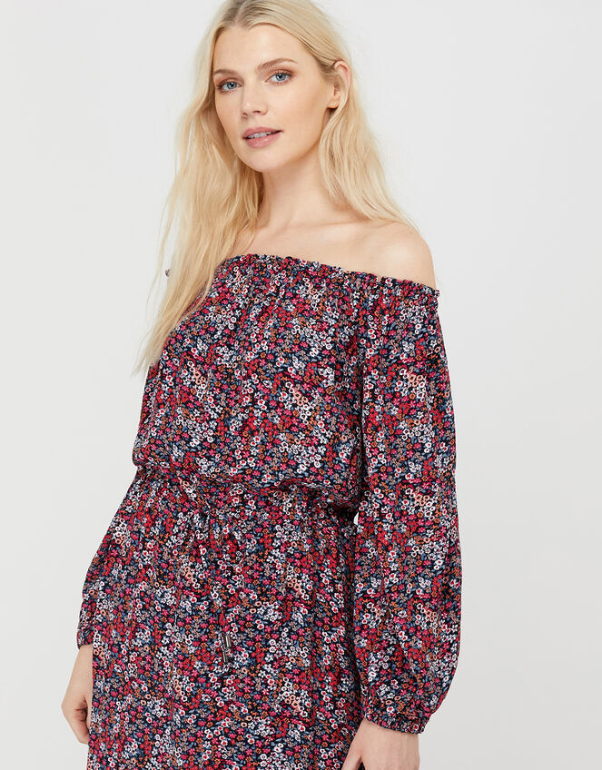 Ivy Ditsy Floral Bardot Midi Dress, Red (RED), large