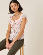 Floral Printed Sweetheart Neck Top, Ivory (IVORY), large