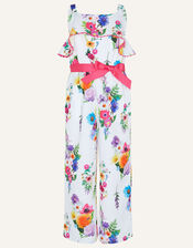 Floral Belted Jumpsuit , White (WHITE), large