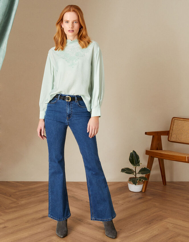 Embroidered Scallop Long Sleeve Blouse , Green (SAGE), large