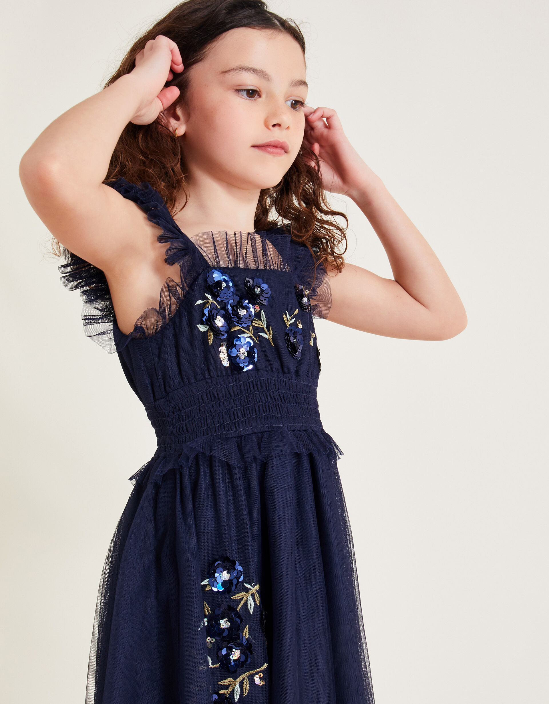 Ria Frill Floral Sequin Dress Blue Girls Dresses Monsoon UK
