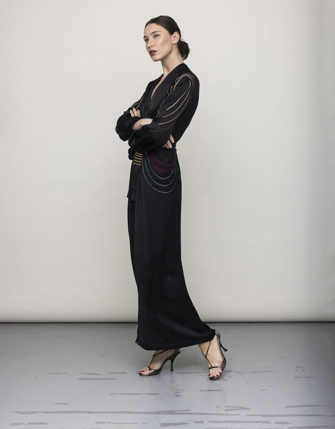 Tallulah and Hope Regular Length Satin Wrap Dress, Black (BLACK), large