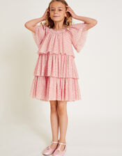Metallic Star Tiered Mesh Dress, Pink (PINK), large