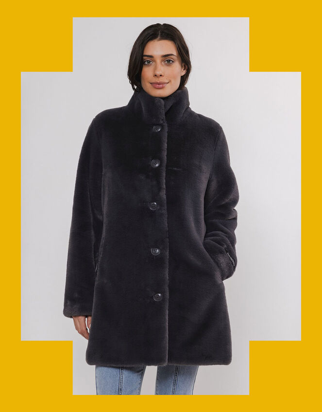 Rino and Pelle Faux Fur Single-Breasted Coat, Grey (DARK GREY), large