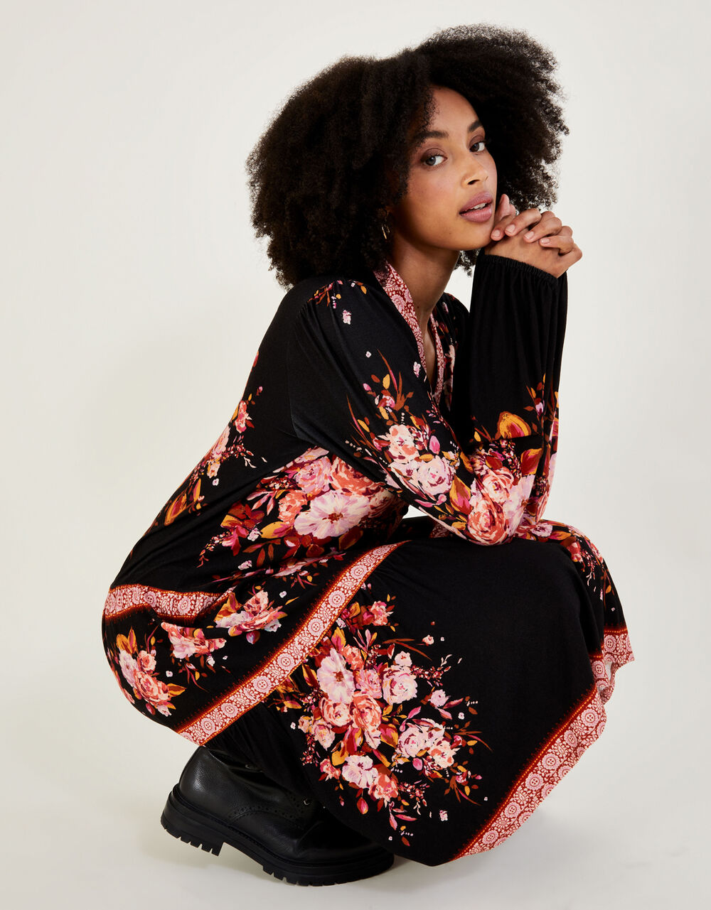 Floral Placement Print Jersey Dress Black