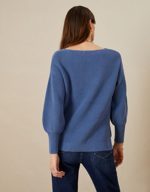 Ribbed V-Neck Jumper in Sustainable Cotton, Blue (BLUE), large