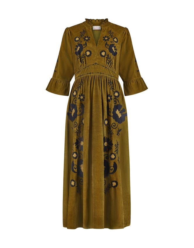 East Floral Embroidered Corduroy Maxi Dress, Green (GREEN), large