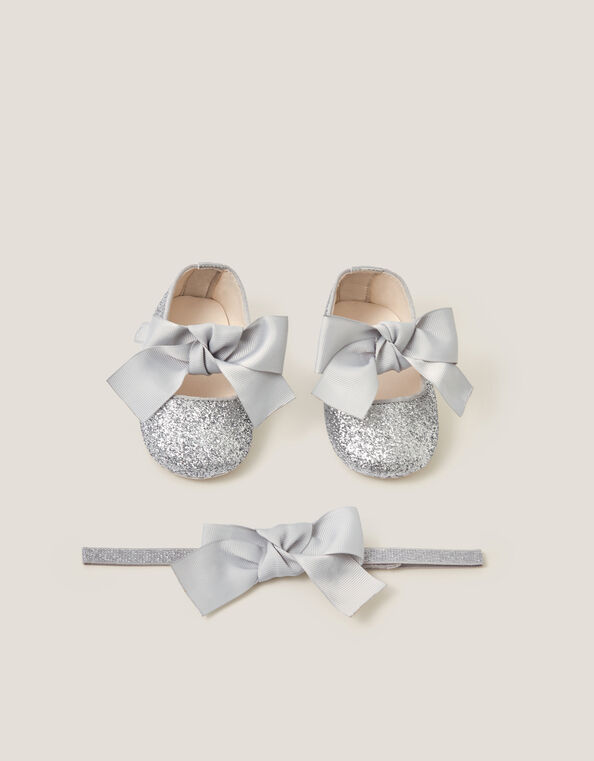 Baby Bow Glitter Headband & Booties Set, Silver (SILVER), large