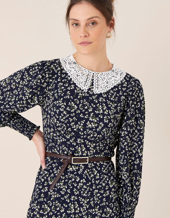 Lace Collar Floral Dress, Blue (NAVY), large