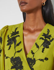 Willa Floral Embroidered Midi Wrap Dress, Green (CHARTREUSE), large