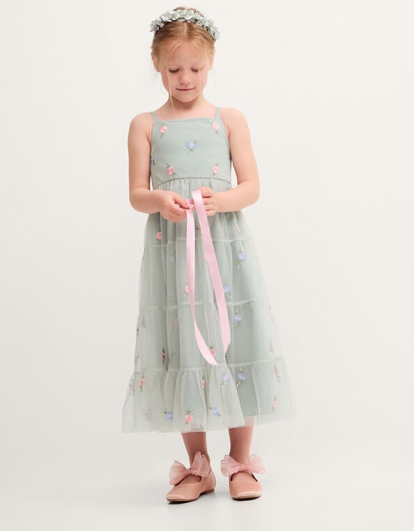 Luna Floral Embroidered Mesh Party Dress, Green (SAGE), large
