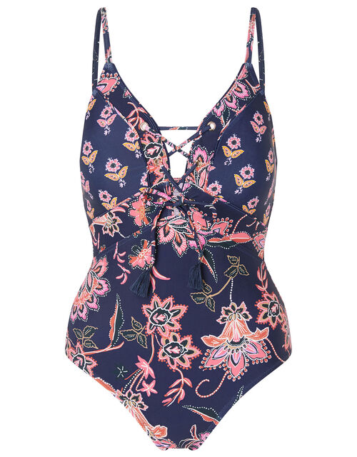 Lace-up Printed Swimsuit with Recycled Polyester, Blue (NAVY), large