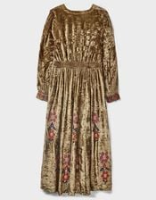 East Sophia Floral Embroidered Velvet Midi Dress, Green (GREEN), large