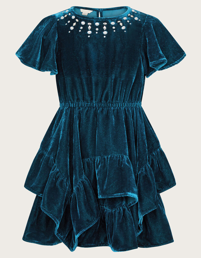 Gemstone Velvet Ruffle Dress, Teal (TEAL), large