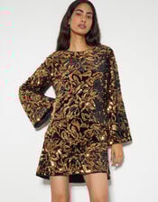 Anna Flute Sleeve Sequin Velvet Mini Dress, Black (BLACK), large