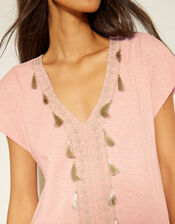 Jodie Tassel Beach Tunic Mini Dress, Pink (PINK), large