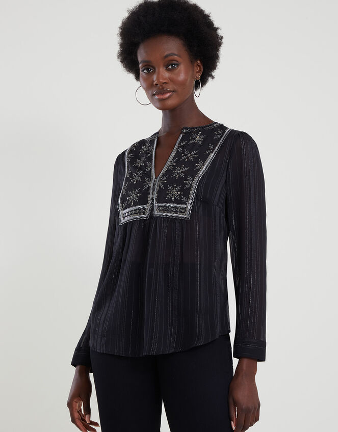 Haley Embroidered Bib Blouse, Black (BLACK), large