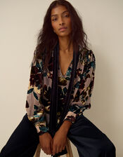 Ayla Floral Devor&eacute; Blouse, Camel (BEIGE), large