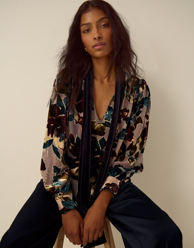 Ayla Floral Devor&eacute; Blouse, Camel (BEIGE), large