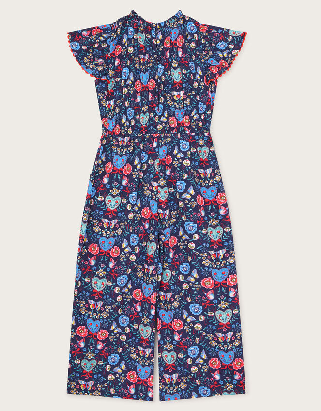 Floral Butterfly Short Sleeve Jumpsuit, Blue (NAVY), large