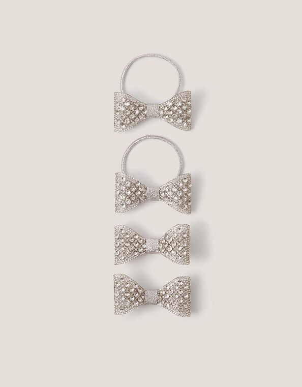 4-Pack Rhinestone Bow Hair Bands & Clips, Silver (SILVER), large