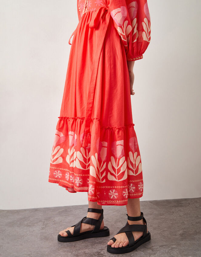 East Melba Print Long Sleeve Midi Dress, Orange (CORAL), large