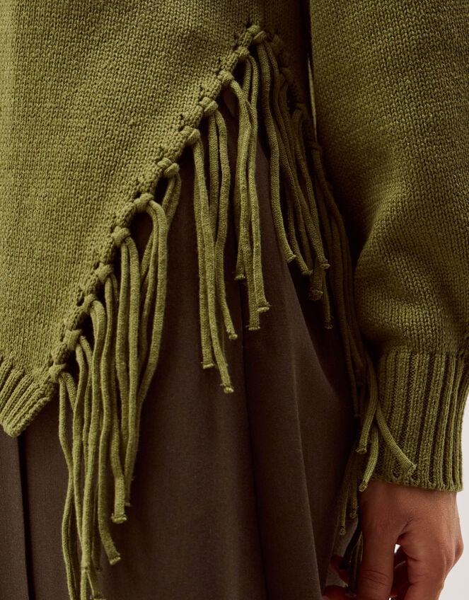 Fey Asymmetrical Fringe Jumper, Green (KHAKI), large