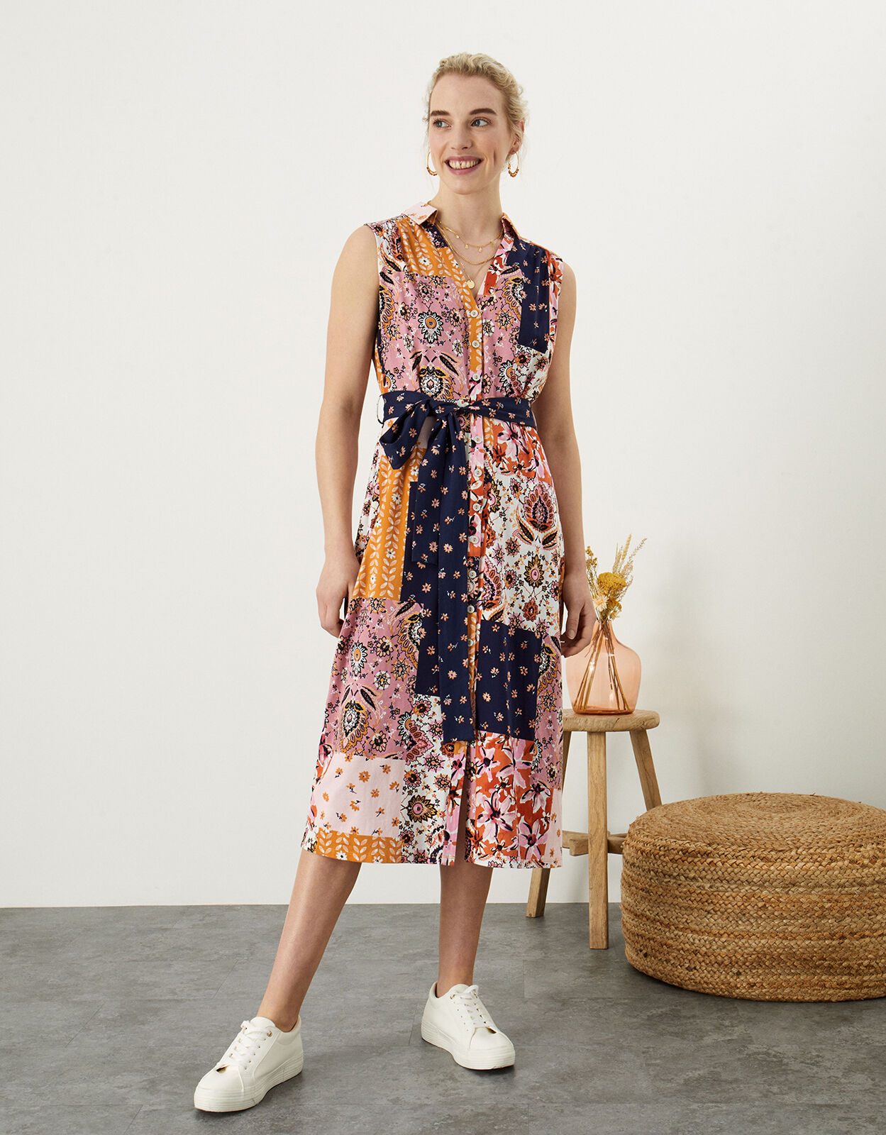Patch Print Button Through Dress Multi