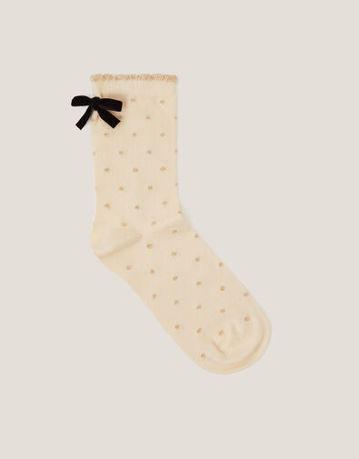 Glitter Spot Bow Socks, Cream (CREAM), large