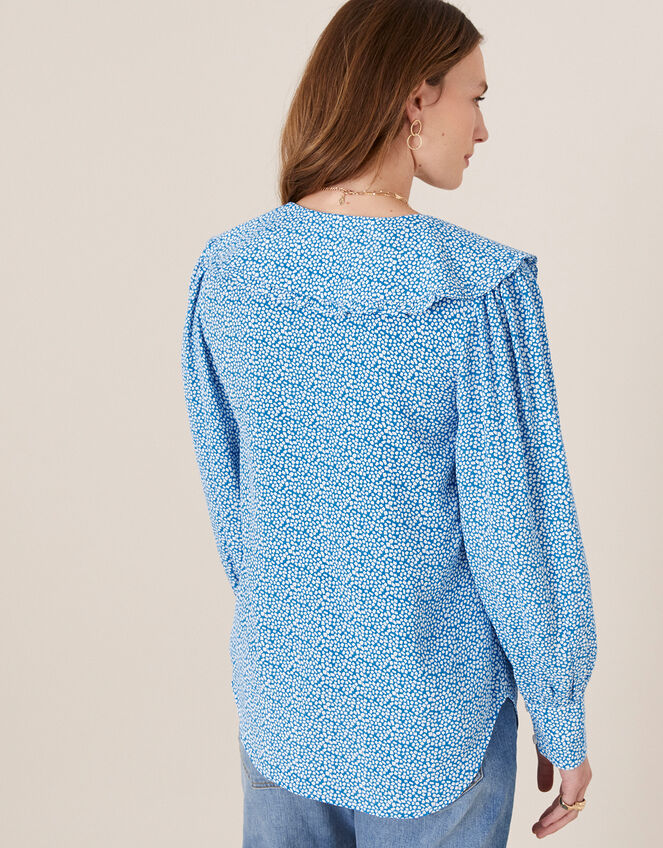 Printed Wide Collar Blouse, Blue (BLUE), large