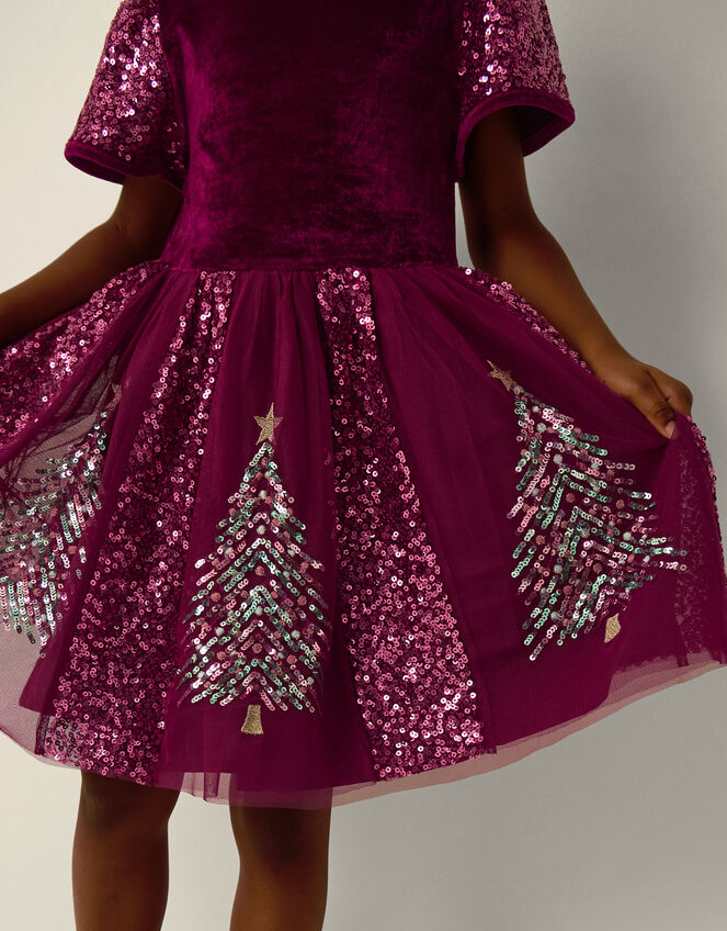 Christmas Tree Sequin Velvet Party Dress, Red (BURGUNDY), large