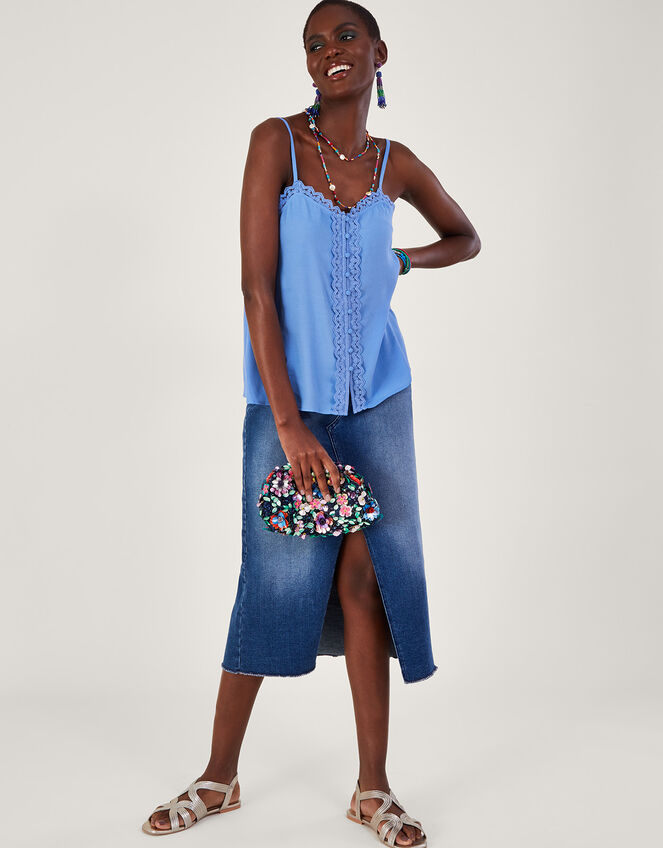 Leila Lace Button-Through Cami Top, Blue (BLUE), large
