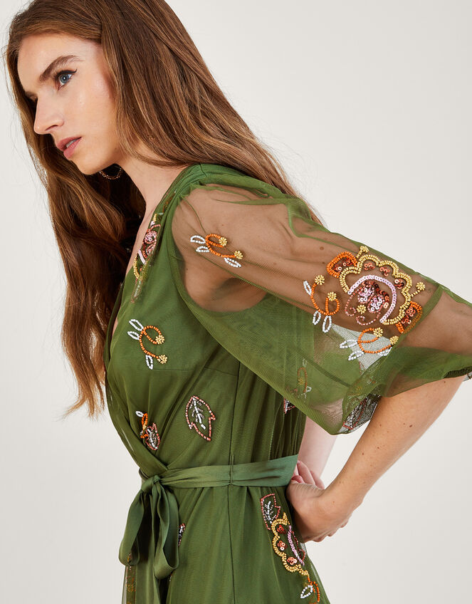 Reese Embellished Wrap Dress in Recycled Polyester, Green (GREEN), large