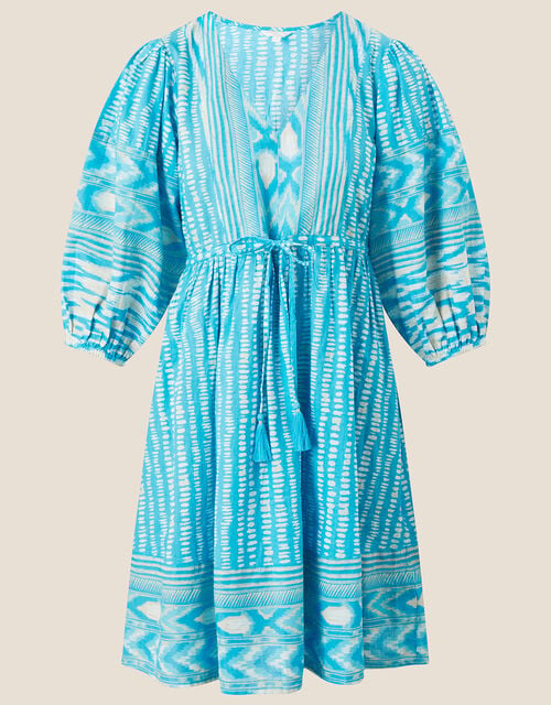 Ikat Spot Print Smock Dress in Sustainable Cotton, Blue (BLUE), large