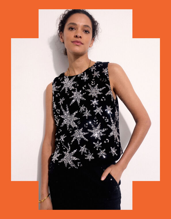 East Medi Embellished Star Sequin Top, Black (BLACK), large