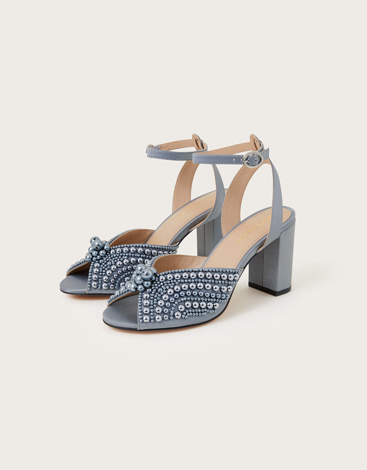 Pearl Block Heeled Sandals Grey