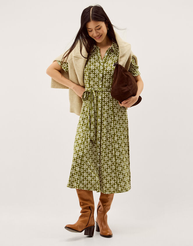 Kalani Geometric Jersey Midi Shirt Dress Green