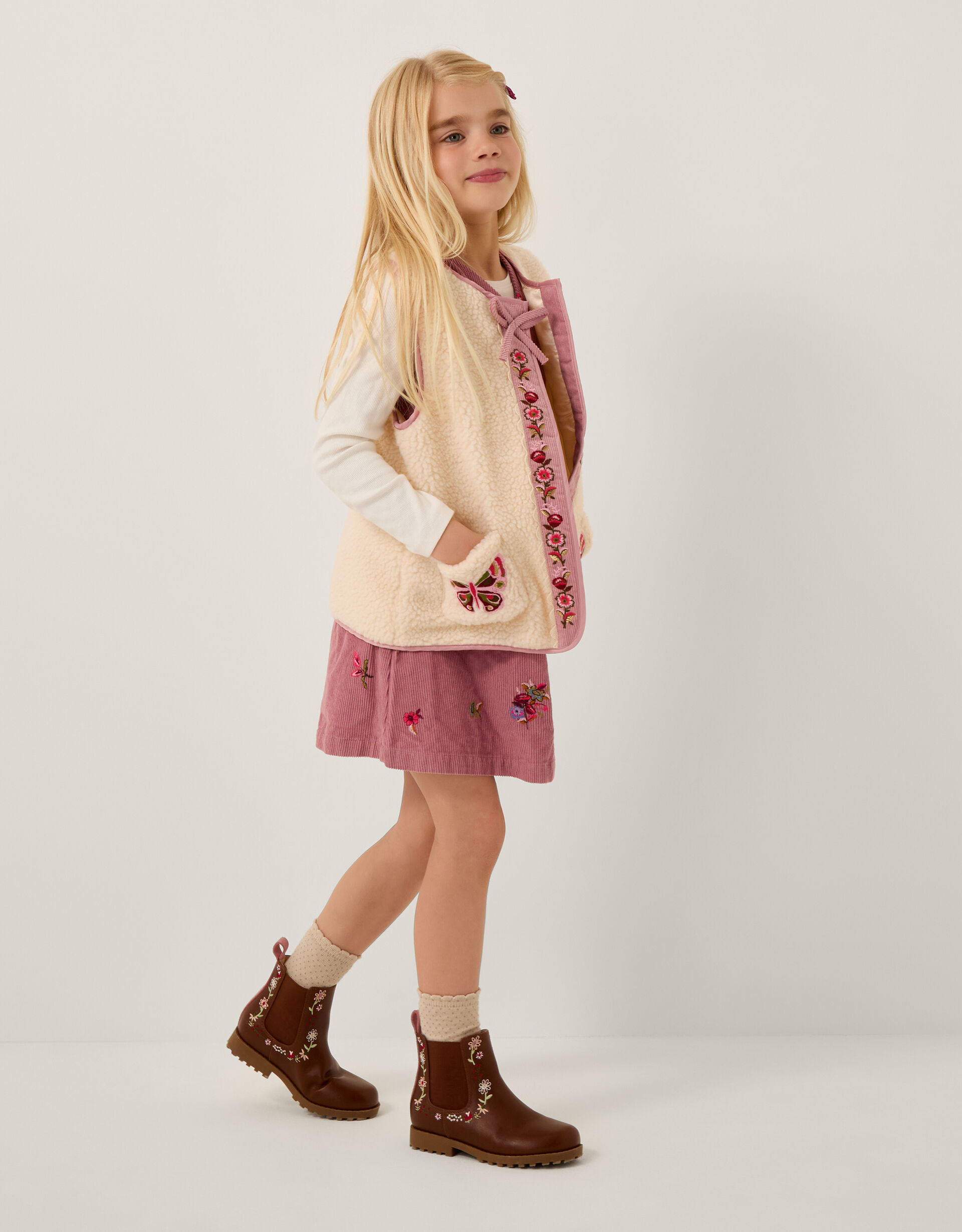 Butterfly Embroidered Borg Gilet Ivory