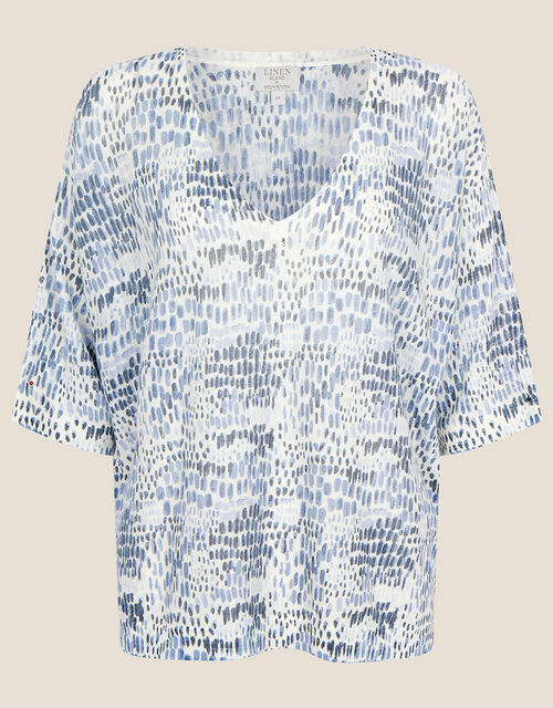 Abstract Animal Print Linen V-Neck Jumper, Blue (BLUE), large