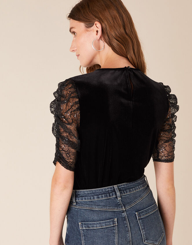 Victoria Sequin Sleeve Stretch Velvet Top, Black (BLACK), large