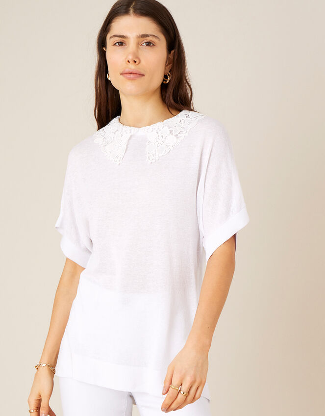 Short Sleeve Collar Jumper in Linen Blend, Ivory (IVORY), large