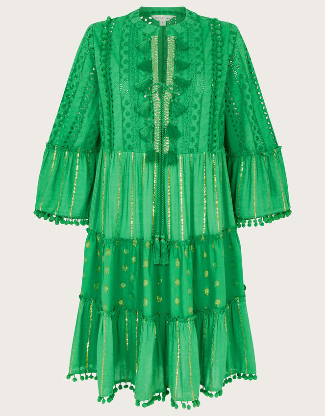 Metallic Tassel Kaftan Dress, Green (GREEN), large