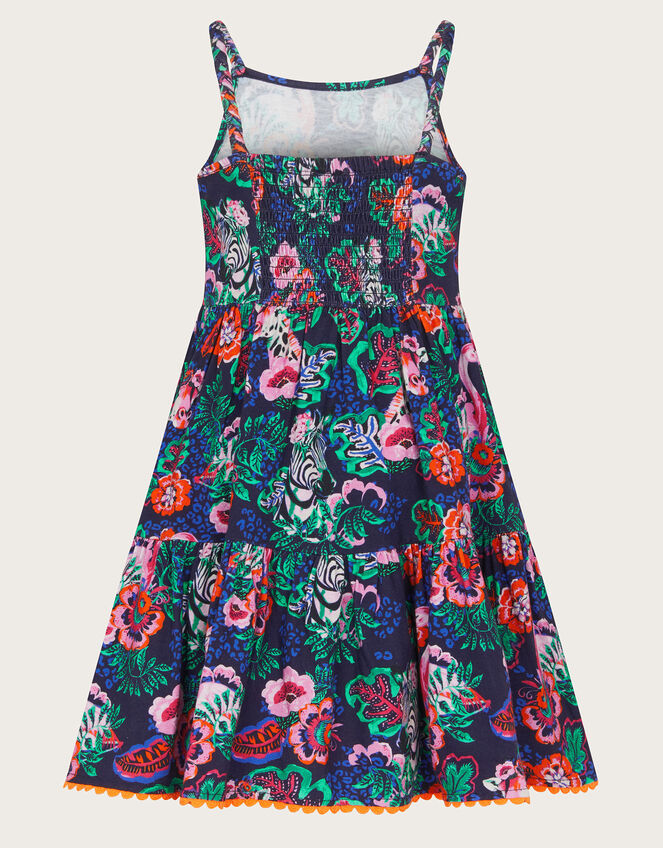 Floral Animal Print Cotton Dress, Blue (NAVY), large