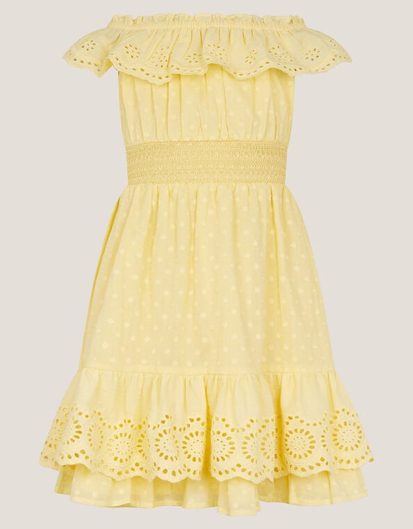 Broderie Bardot Dress, Yellow (YELLOW), large