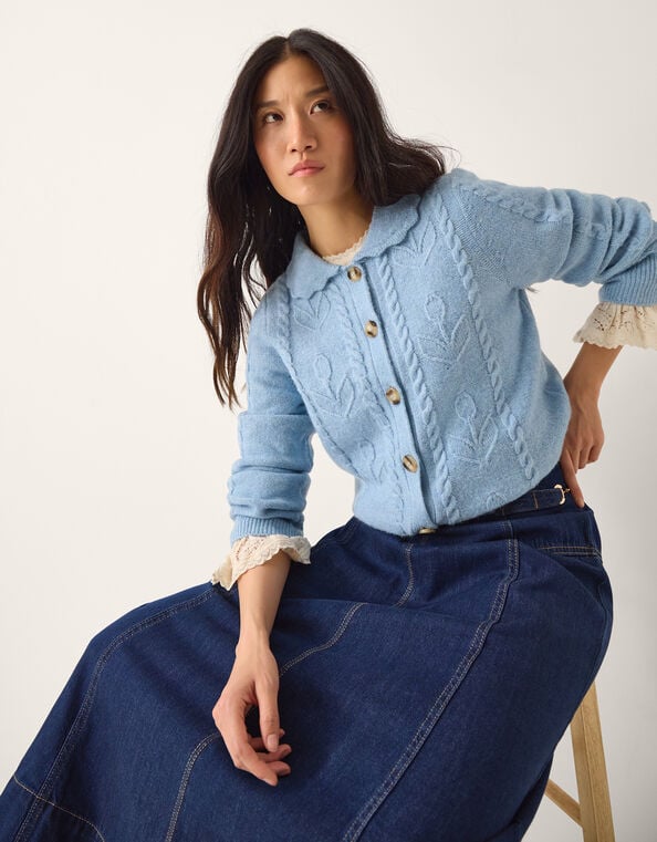 Kat Floral Cable Knit Cardigan, Blue (LIGHT BLUE), large